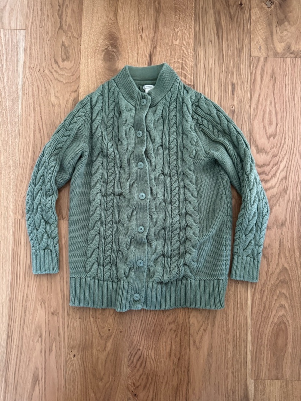 VTG L.L.Bean "DOUBLE L" Sage Green WOMENS L CABLE Knit Cardigan 100% COTTON USA